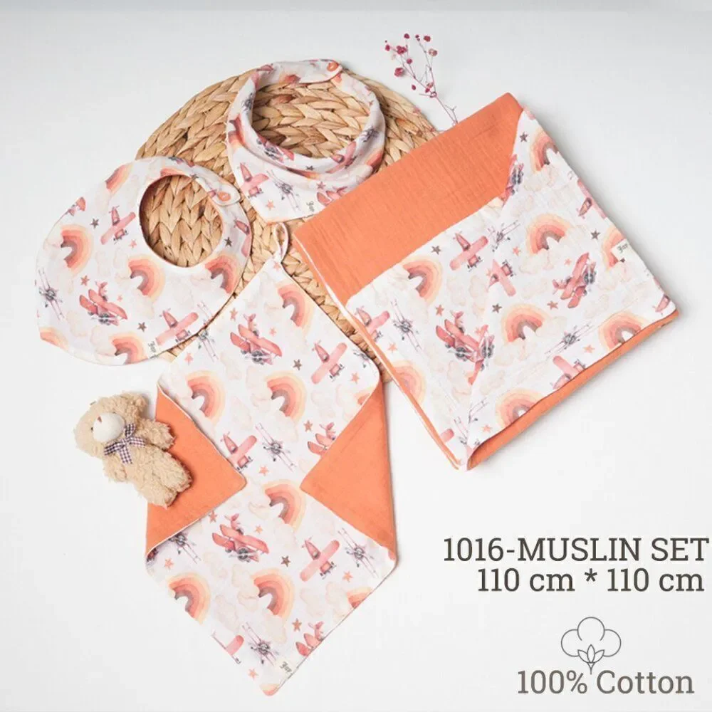 Baby Muslin blanket +burp cloth + toy + bib set, organic muslin baby bib, 4 laye